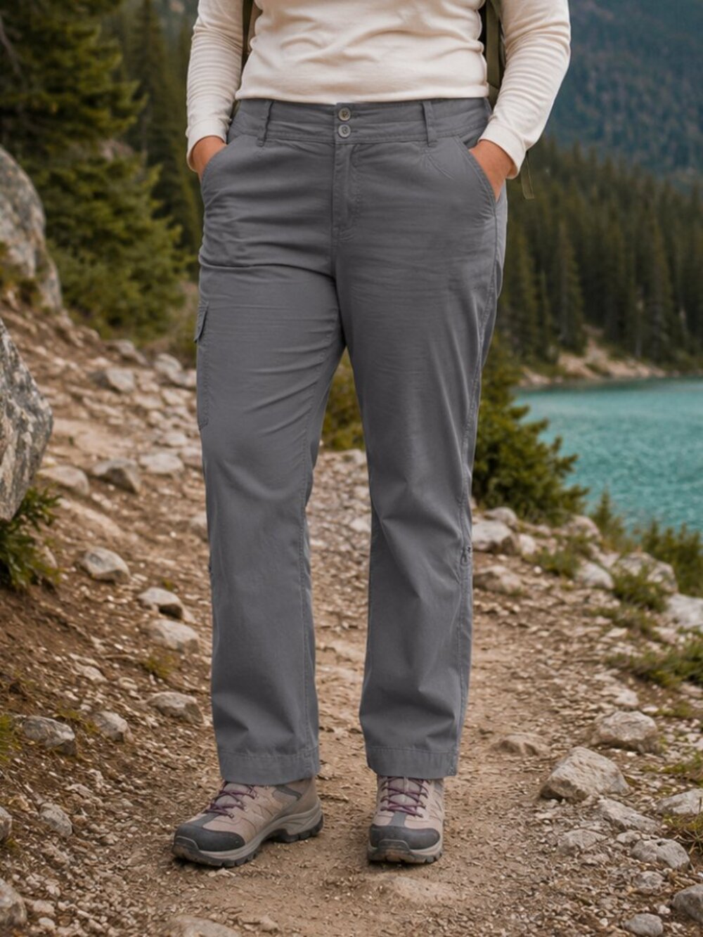 MEC Cargo Pants Women 14 Short Gray Organic Cotton Stretch Hiking Travel Outdoor